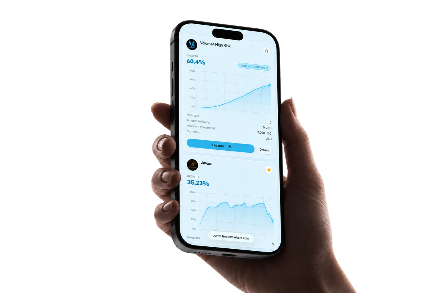 Copy trading strategies in the Trovex mobile app